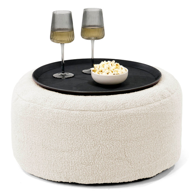 Ottomanpuff med Bricka - Boucle Elfenbensvit - 01
