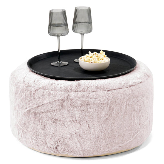 Ottomanpuff med Bricka - Fuskkaninpäls Gammelrosa - 01