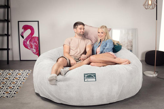 LOUNGE PUG, Dubbel Saccosäcksoffa XXL C3000-L, CloudSac Memoryskum, Våfflad Manchestertyg Elfenbensvit