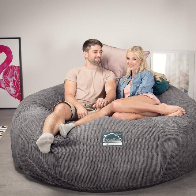 LOUNGE PUG, Dubbel Saccosäcksoffa XXL C3000-L, CloudSac Memoryskum, Pom-pom Mörkgrå