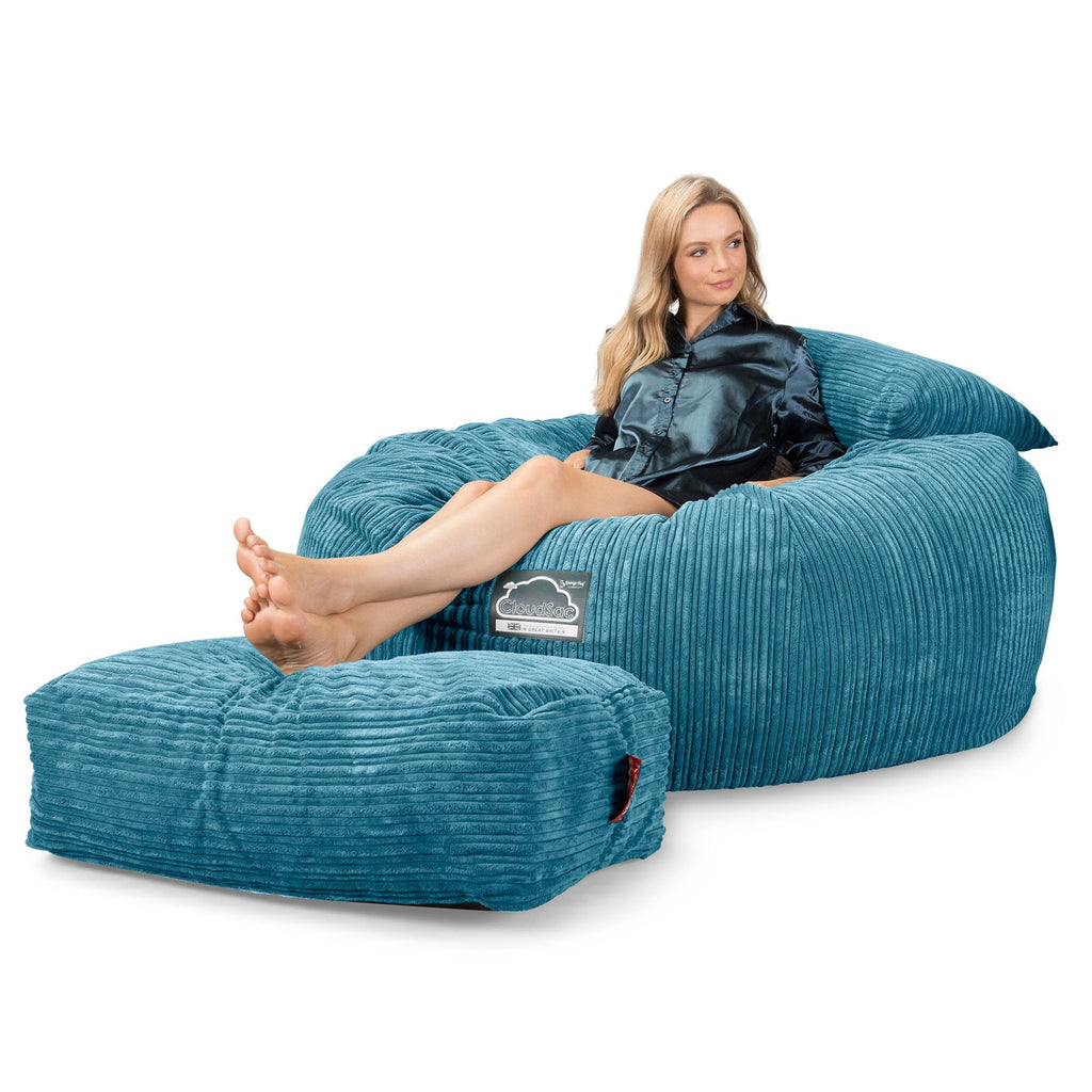 LOUNGE PUG, Jättesaccosäck XXL C1010-L, CloudSac Memoryskum (NY DESIGN), Klassisk Manchestertyg Turkos