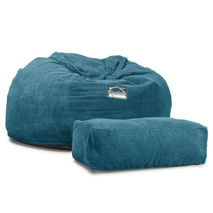 LOUNGE PUG, Jättesaccosäck XXL C1010-L, CloudSac Memoryskum (NY DESIGN), Pom-pom Turkos
