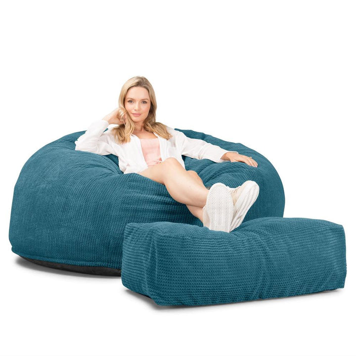 LOUNGE PUG, Jättesaccosäck XXL C1010-L, CloudSac Memoryskum (NY DESIGN), Pom-pom Turkos