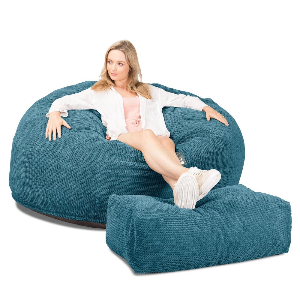 LOUNGE PUG, Jättesaccosäck XXL C1010-L, CloudSac Memoryskum (NY DESIGN), Pom-pom Turkos