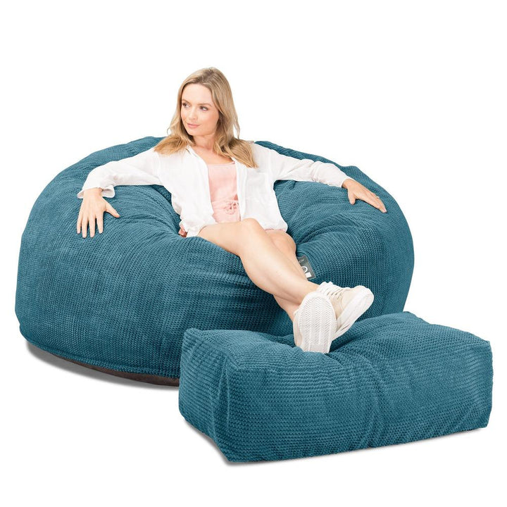 LOUNGE PUG, Jättesaccosäck XXL C1010-L, CloudSac Memoryskum (NY DESIGN), Pom-pom Turkos