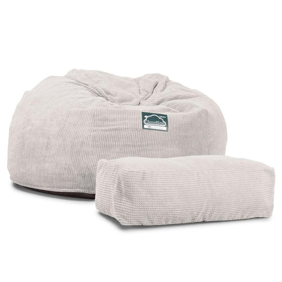 LOUNGE PUG, Jättesaccosäck XXL C1010-L, CloudSac Memoryskum (NY DESIGN), Pom-pom Elfenbensvit