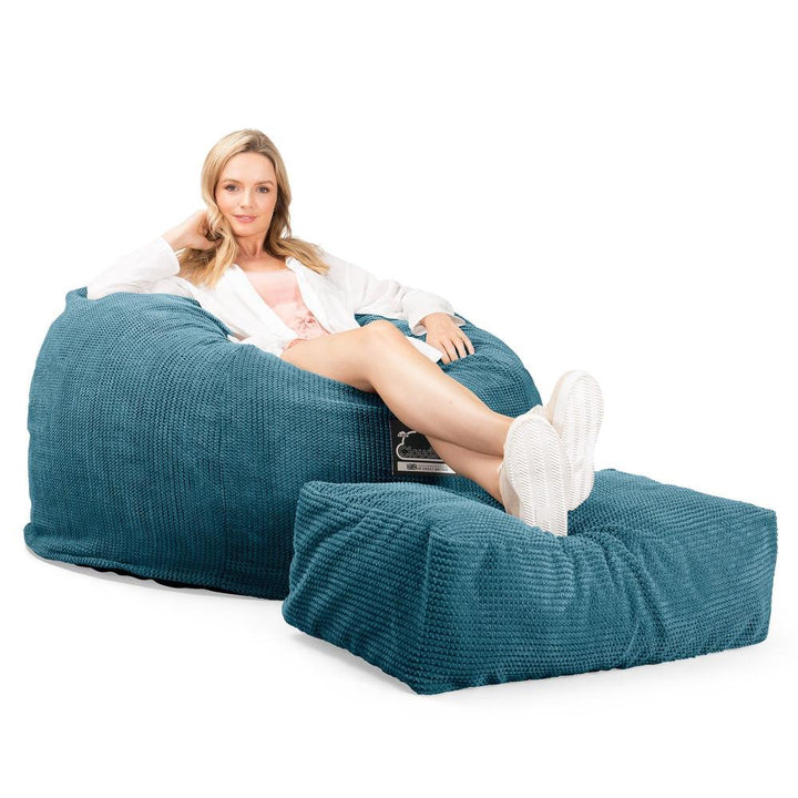 LOUNGE PUG, Jättesaccosäck C510-L, CloudSac Memoryskum (NY DESIGN), Pom-pom Turkos