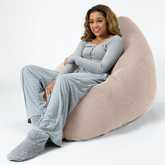 LOUNGE PUG®, Saccosäck XXL, Sittsäck, Sittkudde, Ellos Stickad Gräddvit