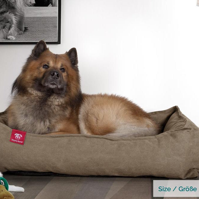 Mighty Bark, Hundkojan, Hundbädd med Ortopediskt Memoryskum, Stentvättad denim Khaki
