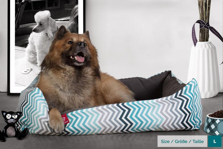 Mighty Bark, Hundkojan, Hundbädd med Ortopediskt Memoryskum, Geometriskt tryck Chevron Teal