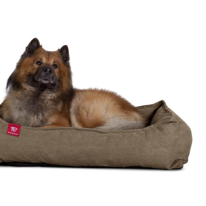 Mighty Bark, Hundkojan, Hundbädd med Ortopediskt Memoryskum, Stentvättad denim Khaki