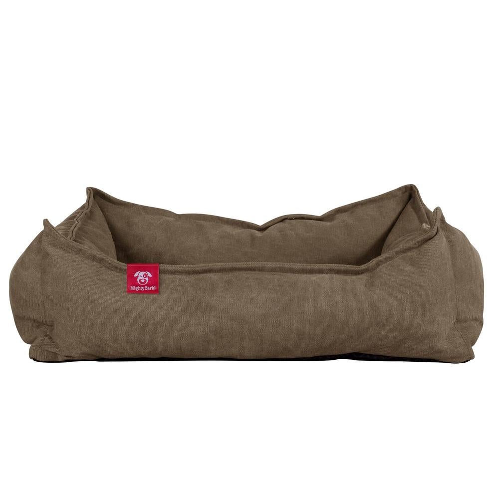 Mighty Bark, Hundkojan, Hundbädd med Ortopediskt Memoryskum, Stentvättad denim Khaki