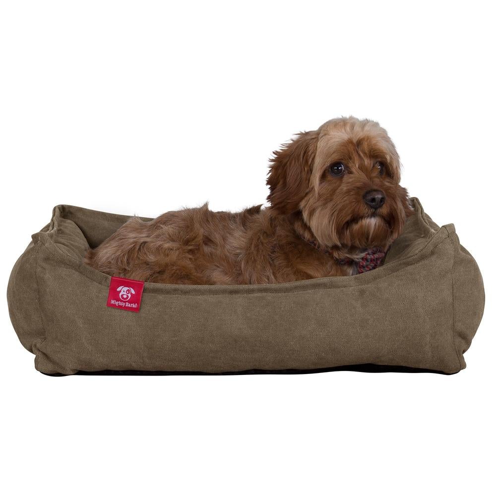 Mighty Bark, Hundkojan, Hundbädd med Ortopediskt Memoryskum, Stentvättad denim Khaki