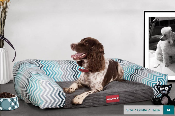 Mighty Bark, Soffan, Hundsoffa/Hundbädd med Ortopediskt Memoryskum, Geometriskt tryck Chevron Teal