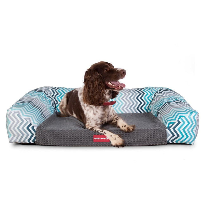Mighty Bark, Soffan, Hundsoffa/Hundbädd med Ortopediskt Memoryskum, Geometriskt tryck Chevron Teal