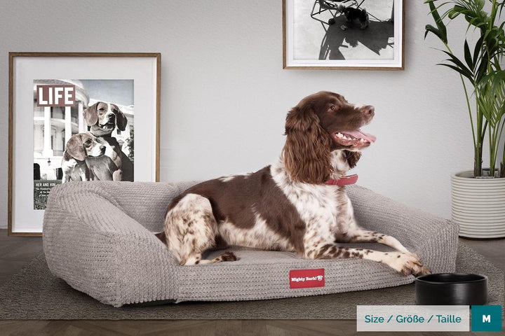 Mighty Bark, Soffan, Hundsoffa/Hundbädd med Ortopediskt Memoryskum, Pom-pom Minkbrun