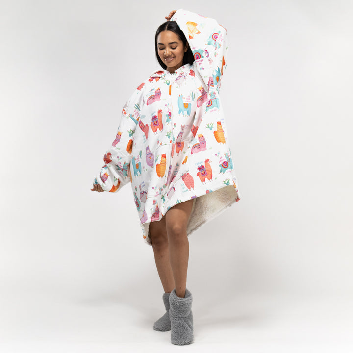 Oversized Hoodie-filt med Dragkedja för Vuxna - Minky Lama 01