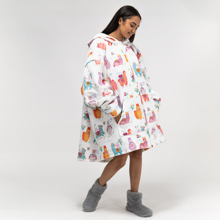 Oversized Hoodie-filt med Dragkedja för Vuxna - Minky Lama 02