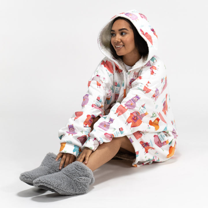 Oversized Hoodie-filt med Dragkedja för Vuxna - Minky Lama 04