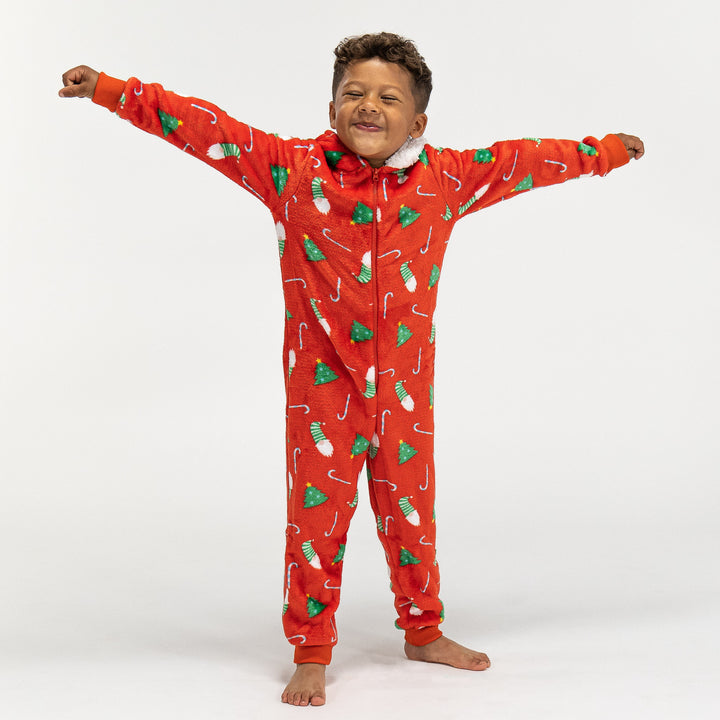 Onesie i Fleece för Barn - Röd Julmönster 01