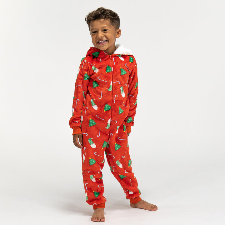 Onesie i Fleece för Barn - Röd Julmönster 02