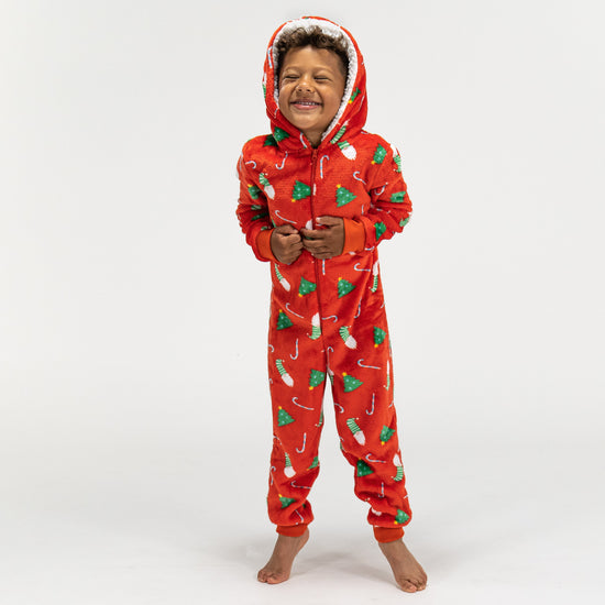 Onesie i Fleece för Barn - Röd Julmönster 03