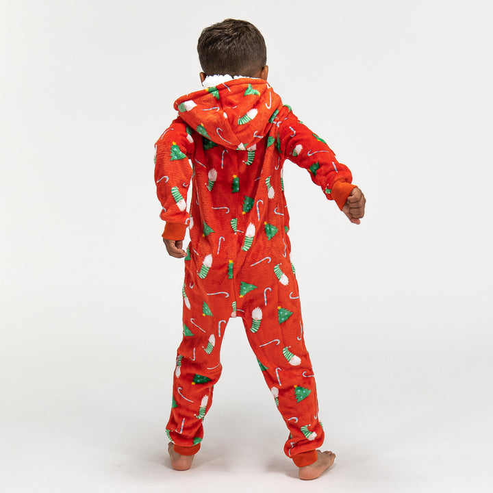 Onesie i Fleece för Barn - Röd Julmönster 04