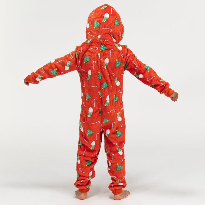 Onesie i Fleece för Barn - Röd Julmönster 05