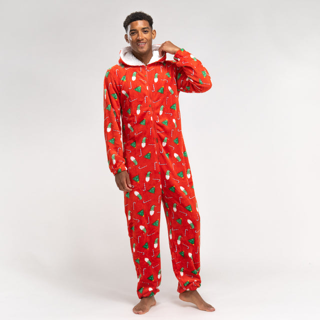 Onesie i Fleece för Herr - Röd Julmönster 01