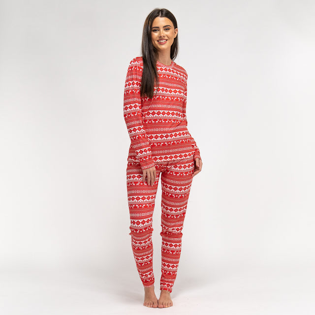 Trikåpyjamas för Dam - Röd Fairisle-mönster 01